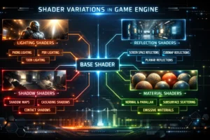 Conceptual diagram illustrating shader compilation in modern video games, showing lighting, reflections, shadows, and materials.