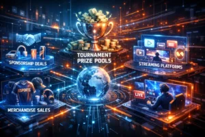Professional esports ecosystem visualization showing sponsorships, tournament prize pools, merchandise sales, and streaming platforms connected in a digital esports economy network.