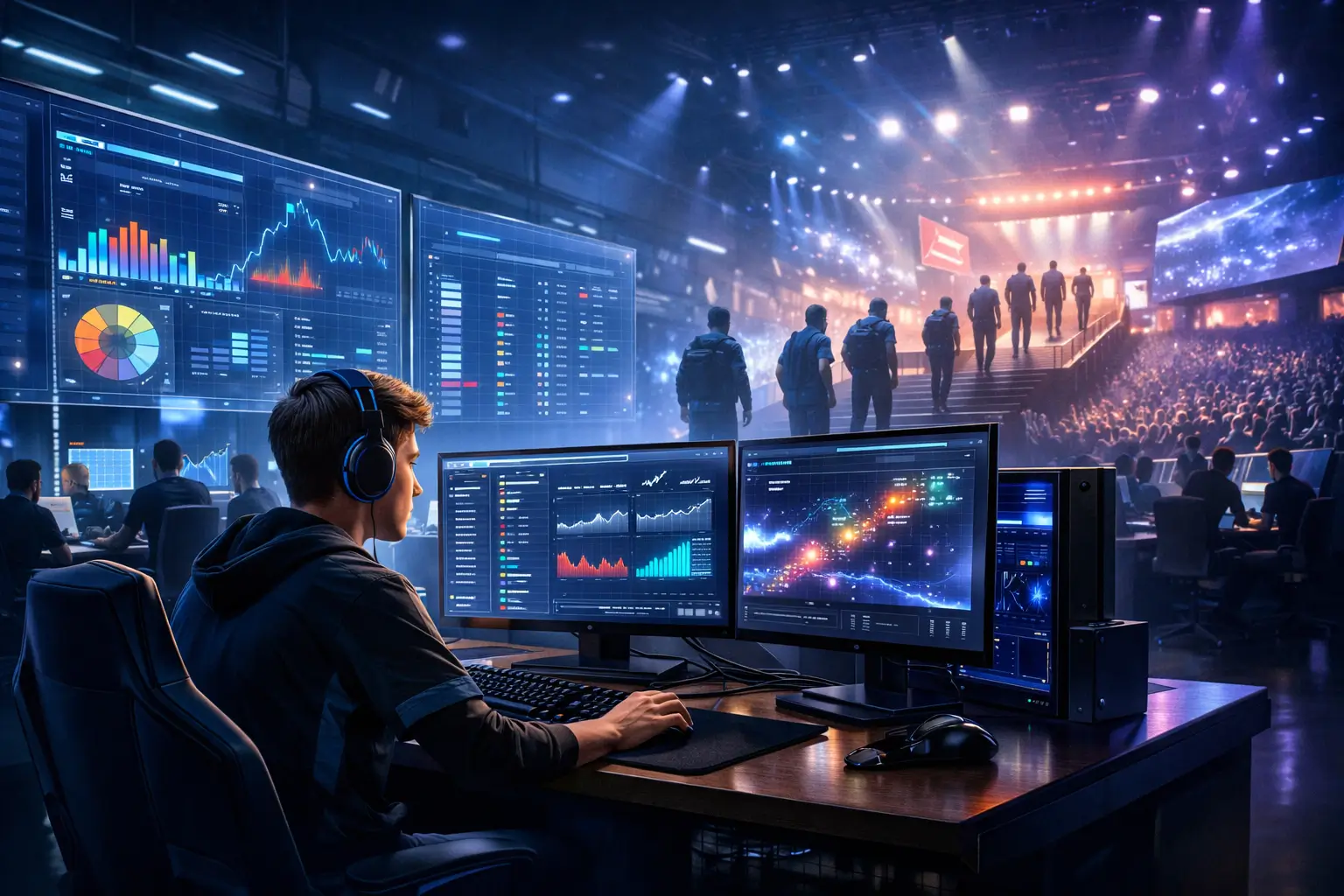 Esports talent pipeline concept showing competitive gaming analytics and professional player development system