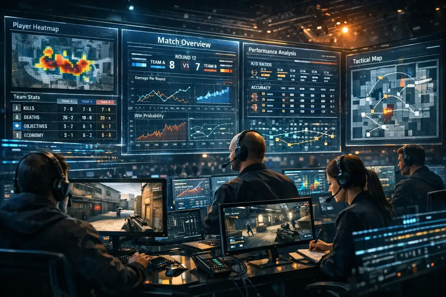 Esports Performance Analytics dashboard showing player heatmaps and match statistics