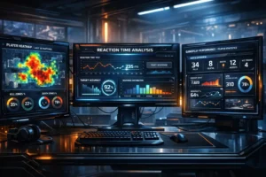 Esports talent pipeline analytics dashboard showing player heatmaps, reaction time metrics, and gameplay performance data inside a professional esports training facility.
