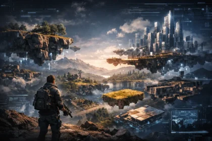Ultra-realistic illustration of a dynamic open world being loaded in real-time using Game Asset Streaming technology.