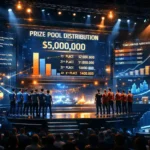 Esports prize pool economics visualization showing tournament prize distribution charts and financial data inside a futuristic esports arena.