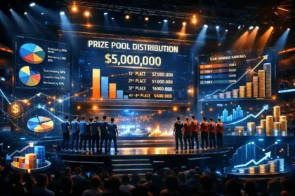 Esports prize pool economics visualization showing tournament prize distribution charts and financial data inside a futuristic esports arena.