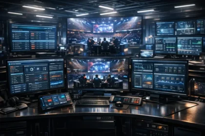 Esports Integrity Systems control room with anti-cheat dashboards
