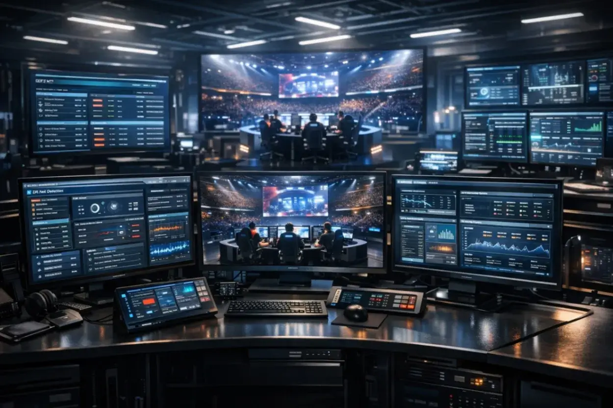 Esports Integrity Systems control room with anti-cheat dashboards