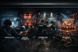 Esports talent pipeline showing progression from ranked gaming to professional esports stage