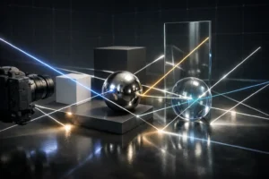 Ultra-realistic 3D visualization showing Real-Time Ray Tracing with reflections, refractions, and light bounces on metallic and glass objects inside a modern game engine environment.