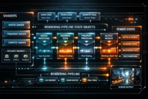 Shader compilation in games showing GPU rendering pipeline, shaders, and pipeline state objects in a modern game engine.