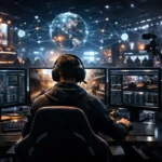 Professional esports ecosystem infrastructure with competitive gaming player and advanced technology setup