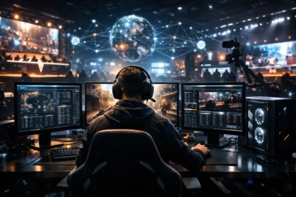 Professional esports ecosystem infrastructure with competitive gaming player and advanced technology setup