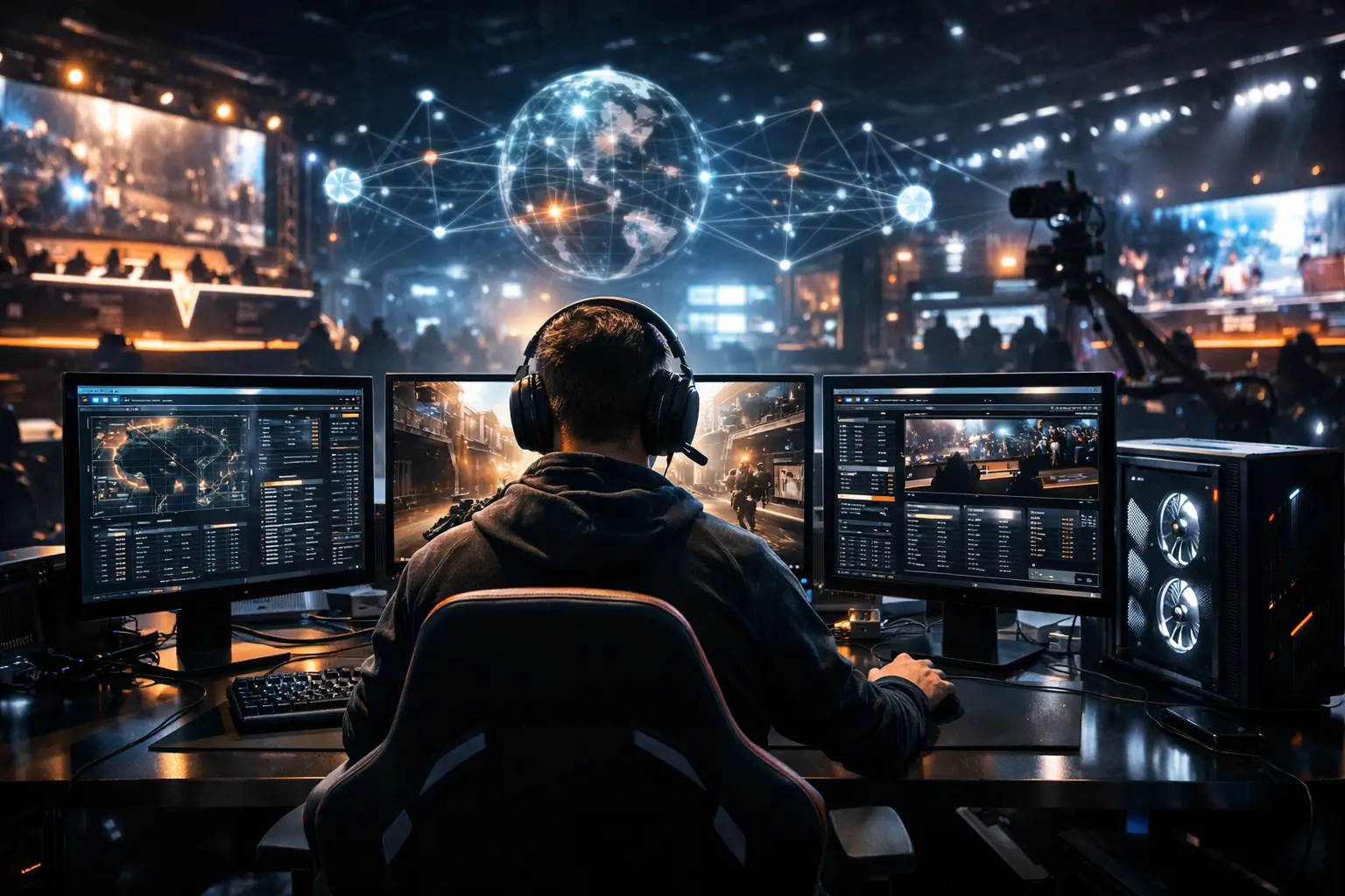 Professional esports ecosystem infrastructure with competitive gaming player and advanced technology setup