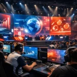 Esports sponsorship economy at a professional competitive gaming tournament with players and brand displays