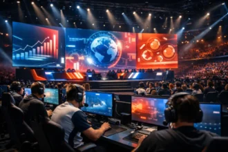 Esports sponsorship economy at a professional competitive gaming tournament with players and brand displays