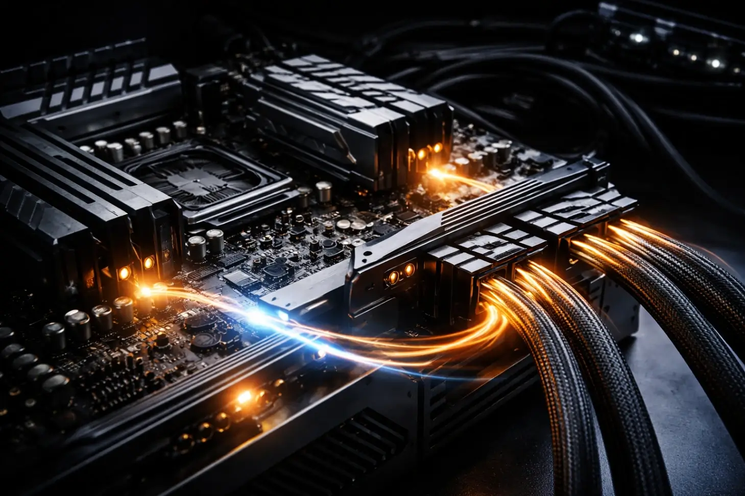 Power Delivery Stability hardware on gaming PC motherboard VRM and GPU power connectors