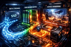High-end gaming PC showing real-time game asset streaming from SSD to GPU.
