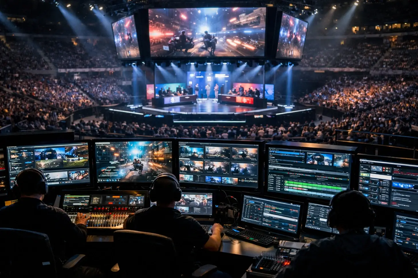 Esports broadcast production systems in professional tournament control room.